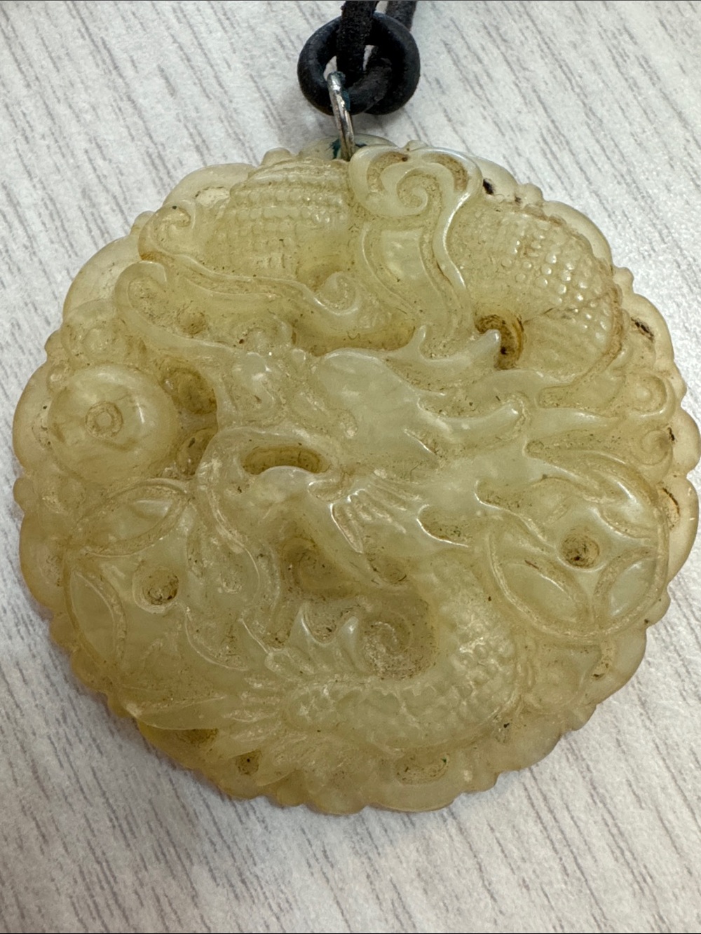 Sterling Silver Leather Carved Dragon Jade Pendant Necklace